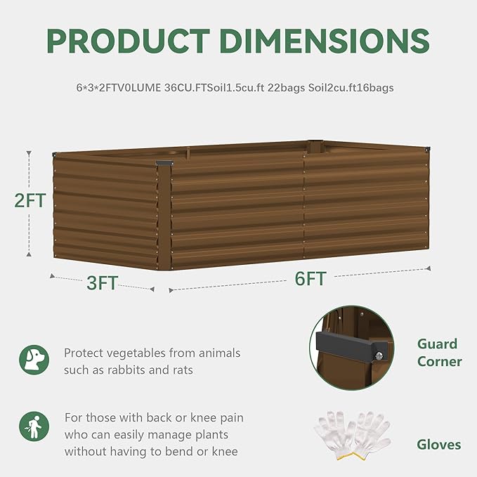 FOOWIN 2pcs 6x3x2ft Galvanized Raised Garden Bed, Planter Raised Garden Boxes Outdoor, Large Metal Raised Beds for Gardening, Garden Bed for Vegetables, Flowers, Herb,269 Gallon Capacity, Brown