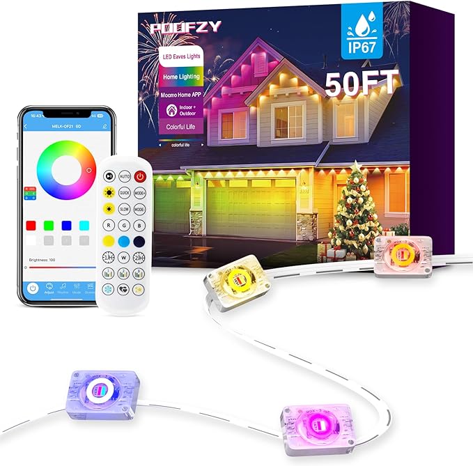 POOFZY Permanent Outdoor Lights for House, 50ft RGB+IC Smart Outdoor Decor, 50 Scene Modes, App/Remote Control, IP68 Waterproof, for Christmas, Holiday, Daily & Pool Party Decor, House Roof Lighting