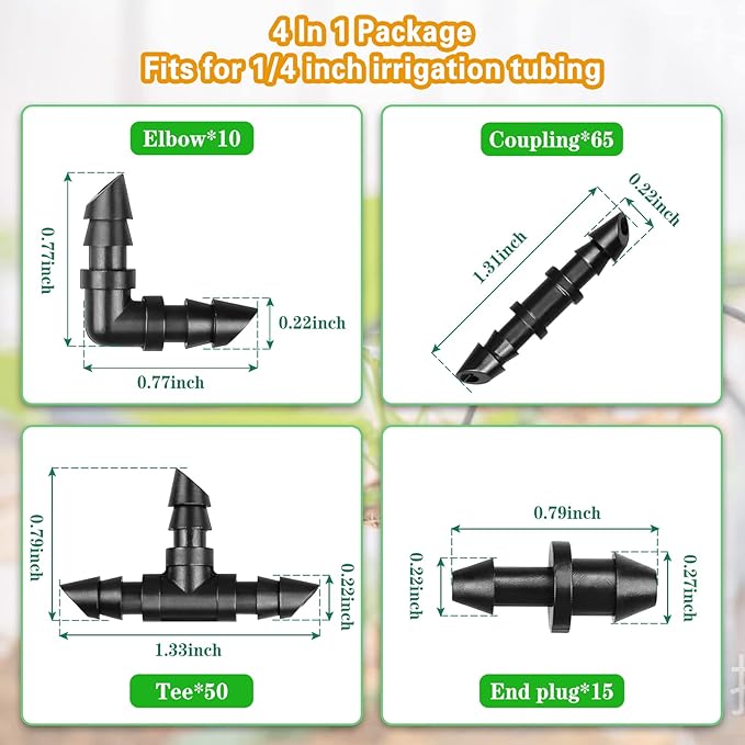 1/4 Inch Drip Irrigation Fittings Kit:140 Pieces Drip Irrigation Parts with Sharp End for 1/4" Irrigation Tubing Barbed Connectors for Home Garden 60 Couplings 50 Tees 20 Elbows 10 Goof Plugs