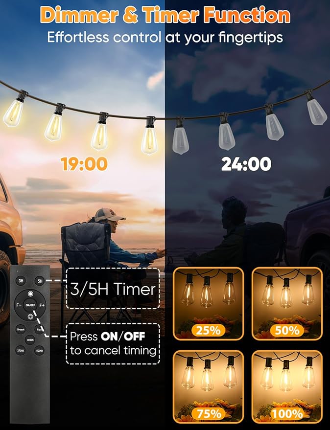 Brightever 180FT LED String Lights with Remote Control, 2700K/4000K/5000K Selectable Outdoor Patio Lights with 56 Shatterproof ST38 Edison Bulbs, 3 Modes Dimmable Outside Light for Yard, Porch