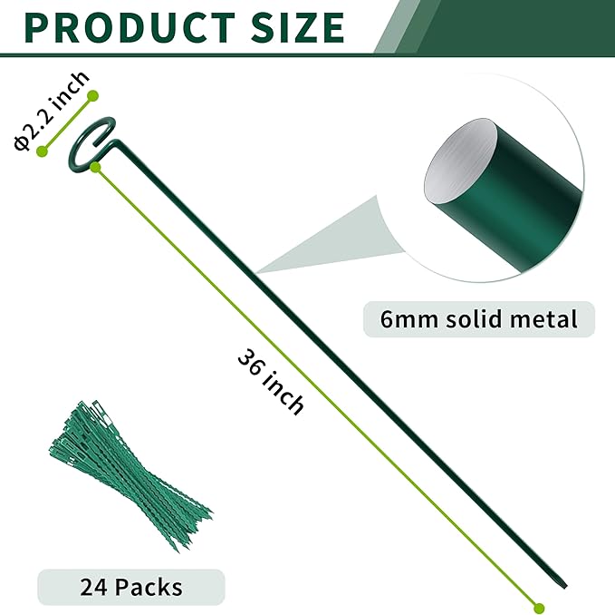 36” Tall Plant Stakes, 12 Pack Plant Support Stakes,6mm Heavy-Duty Metal Garden Stakes, Flower Stakes for Lilies, Dahlias, Gladiolus, Sunflowers, Tomato, Clematis
