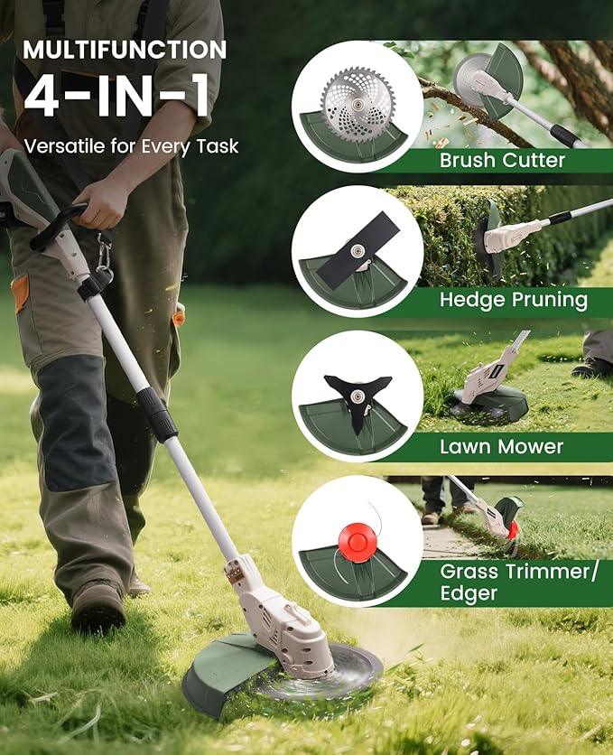 Electric Weed Wacker Cordless, Brushless Grass Trimmer with 2 21V 4.0Ah Batteries and Charger,4 Types of Blades String Trimmer, Weed Eater Battery Powered with Shoulder Strap, Lawn Edger Tool