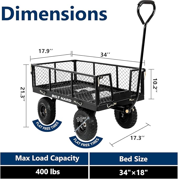 BILT HARD 10" Flat Free Tires Heavy Duty Garden Cart with 180° Rotating Handle and Removable Sides, 4 Cu.Ft 400 lbs Capacity Utility Steel Wagons for Outdoor