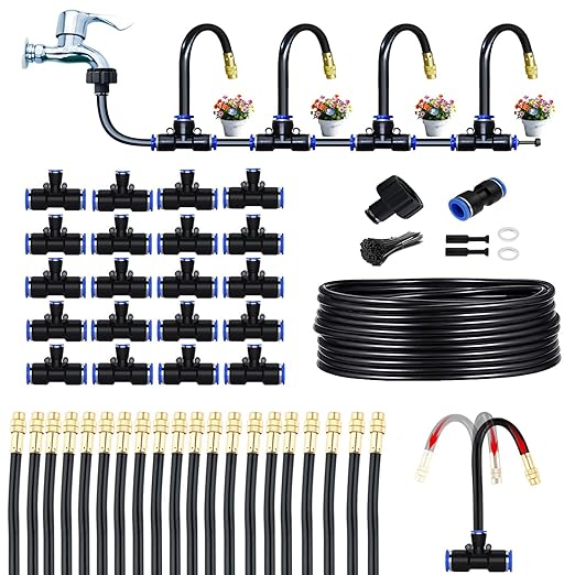 Greenhouse Drip Irrigation Kit Automatic Irrigation System 360°Adjustable 20 Brass Spray Nozzles 12mm Irrigation Tubing Hose Patio Misting Plant Watering with 65Ft Blank Distribution Tubing Hose