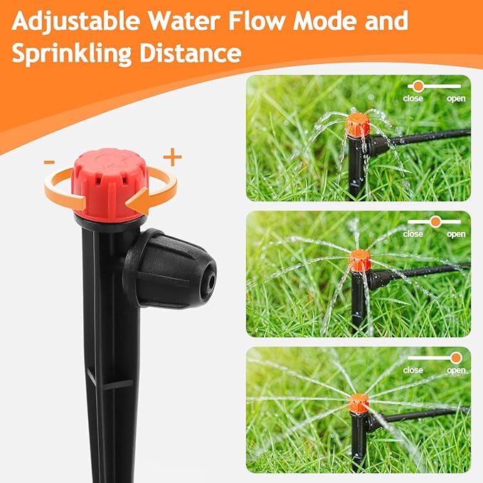 50pcs Drip Emitters for 1/4" Irrigation Tubing, Easy Connect Adjustable 360 Degree Water Flow Sprayer On 5" Stake for 4/7mm Tube Locked Drippers for Garden, Flower, Plant