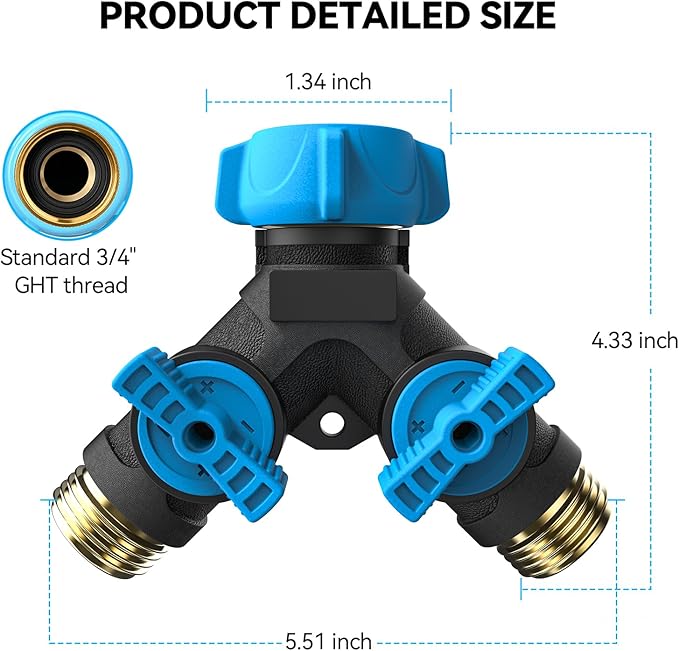 Hose Splitter 2 Way Heavy Duty, Garden Hose Splitter with Dual Shut-Off Valves, 3/4" Water Hose Connector, Leakproof Outdoor Faucet Splitter for Garden, RV, Lawn, Washing