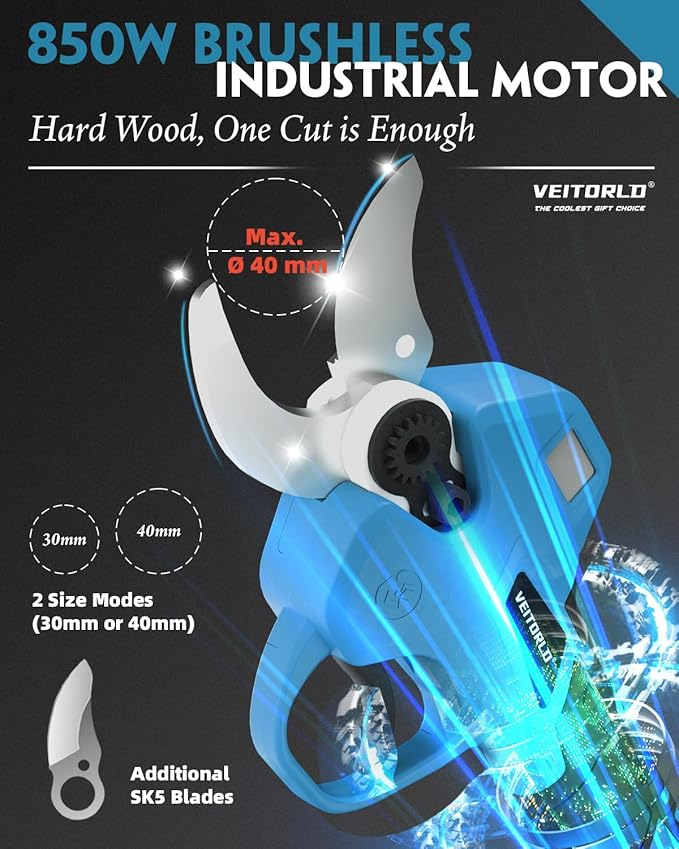 VEITORLD Upgraded Electric Pruning Shears, 1.6" Cutting Diameter Cordless Pruner with 2*2.0Ah Rechargeable Batteries&SK5 Blades, Garden Pruning Tool for Tree Branches, Gifts for Men Dad Him Christmas