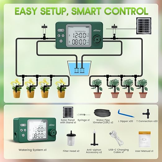 Solar Powered Dual Pump Drip Irrigation Kit for Outdoor Indoor Plants, 2-Zone Smart Self-Watering System with USB Charging, Automatic Plant Waterer for Garden Patio Balcony Vacation