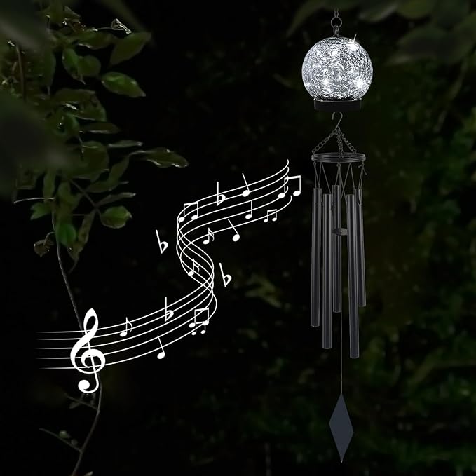 Garden Wind Chimes Outdoor, Solar Hanging Glass Ball Wind Chimes with 15 Cool White LEDs 42 Inch Large with Unique Memorial Sympathy Wind Chime Outside Garden Decor as a Gift for Patio, Porch, Balcony