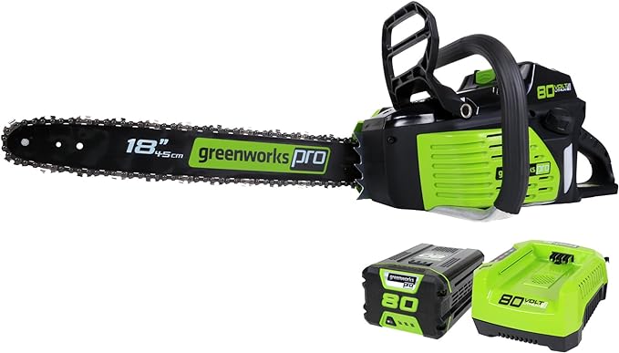 Greenworks 80V 18" Brushless Cordless Chainsaw (Great For Tree Felling, Limbing, Pruning, and Firewood) / 75+ Compatible Tools), 2.0Ah Battery and Rapid Charger Included