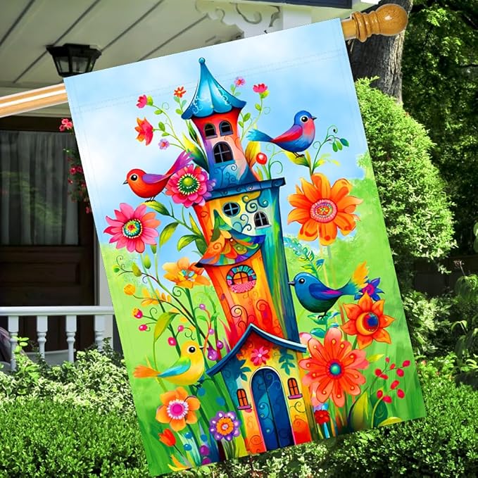 Whimsical Bird House Flags 28x40 Double Sided Welcome Large Garden Flag Holiday Yard Outdoor Decoration