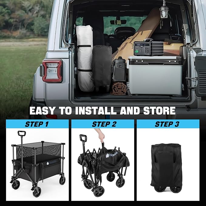 Folding Wagon Cart Foldable with Wheels, Adjustable Decker 150L-300L Capacity, All-Terrain Wheels & Brake, 450LBS Heavy Duty Collapsible Wagon for Beach, Camping, Outdoor