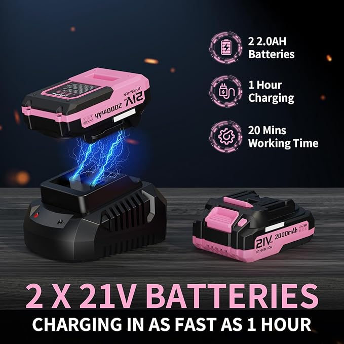 Leaf Blower, 21V Cordless Electric Blower with 2 2.0Ah Batteries and 1 Hour Fast Charger, Lightweight Leaf Blower for Patio Cleaning, Lawn Care, Blowing Fallen Leaves and Dust, etc.