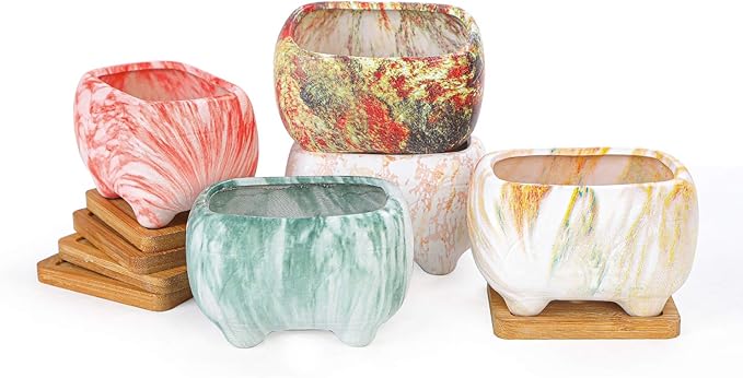ARTKETTY Succulent Planters, 4.7" Small Succulent Pots with Drainage Rectangular Cactus Planter with Bamboo Trays Ceramic Pots for Indoor Flower Plants Set of 5