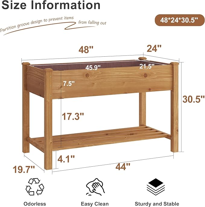 FILWH Raised Garden Bed with Legs Elevated Wooden Planter Box Stand Large Planter Stand Box for Fruits Vegetables Flowers with Divider with Bag - 48 * 24 * 30.5IN(Brown)