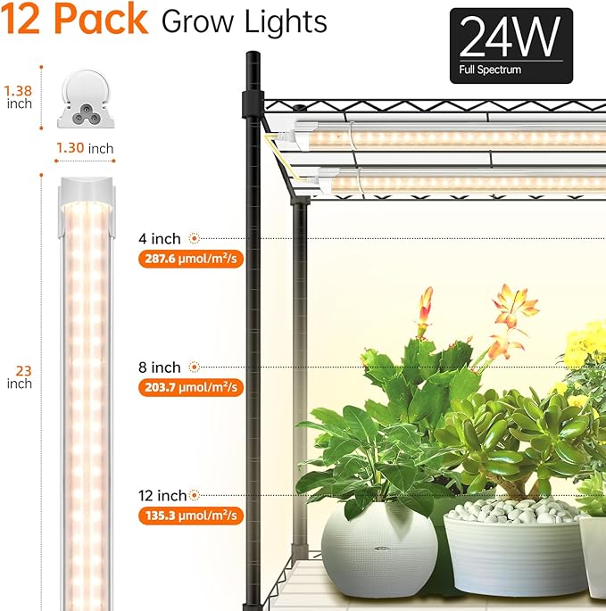 Bstrip Plant Shelf with Grow Light, 4-Tier Large Grow Light Shelf with Wheels, Stainless Steel, 12-Pack 288W T8 Full Spectrum Grow Lights for Seed Starting(57.4" L x 13.8" W x 59" H)