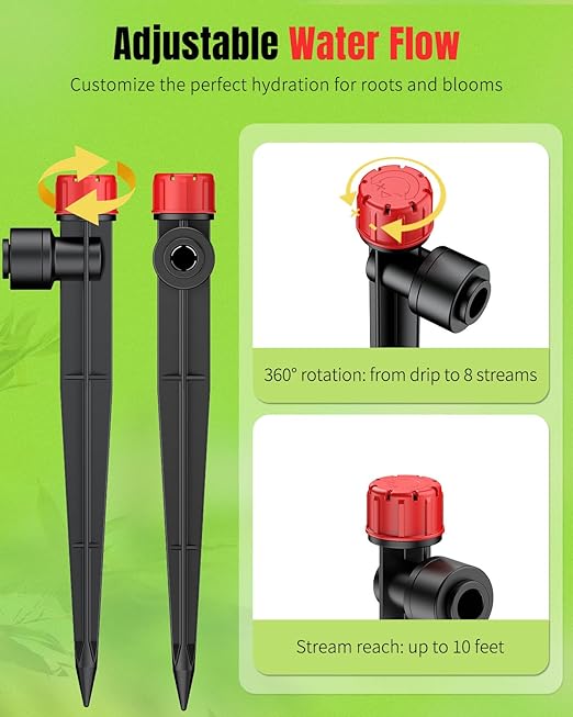 Pawfly 60 Pcs Push-to-Fit Drip Irrigation Emitters for 1/4 Inch Tubing, Drip Emitters Sprinklers with Stake & 8 Holes, Drip Irrigation System Parts with Adjustable Water Flow Irrigation Drippers, Red