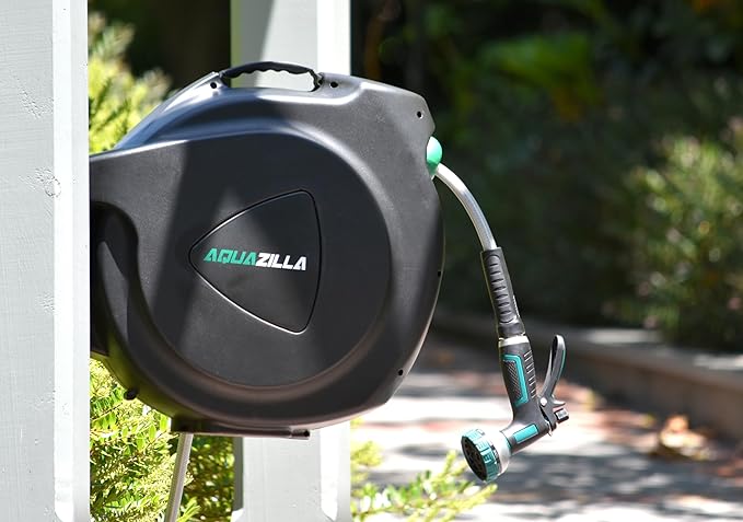 Retractable Garden Hose Reel, 100Ft x 1/2" Durable Wall Mounted Water Hose Reel with 180¡ãSwivel Bracket, 9 Pattern Sprayer, 6Ft leader hose,Smooth Automatic Rewind, Any Length Lock.