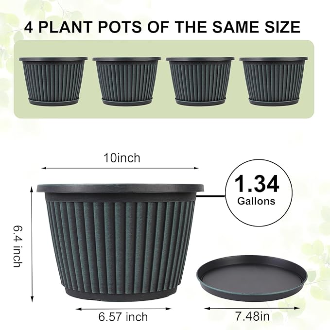 Planter-Pots-for-Plants-Indoor-Outdoor, 4 Pack 10 Inch Plastic Flower Pots with Saucer & Drainage Holes, Modern Garden Planters for Planting Medium Large Plants,Decorative Resin Garden Pots