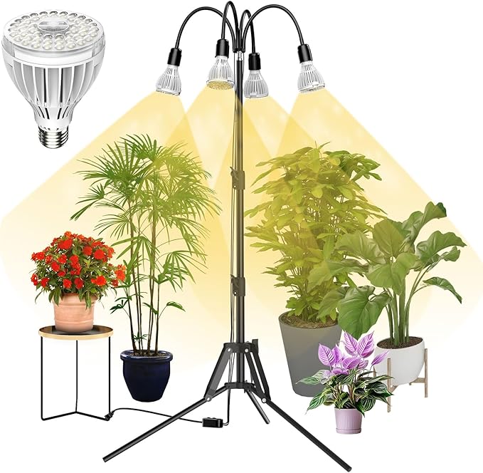 SANSI Grow Lights for Indoor Plants, 128W Full Spectrum Plant Lights for Indoor Growing, 35-64 inches Detachable Tripod Standing Grow Light with High PPFD No Dimmable 4 Pack of Par25 32W Bulb