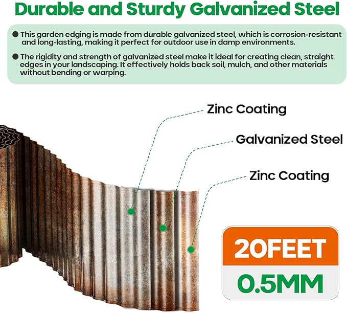 Corrugated Metal Garden Edging,Sturdy Tall Landscape Edging Borders with 6pcs Anchor Stakes, Perfect DIY for Flower Beds, Lawn and Pathway,Tree Surrounds,Paver Edges (Pre-Rusted 6"×20FT)