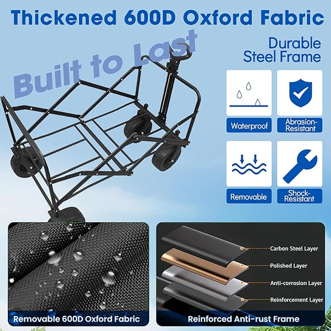 Wagons Carts Foldable, Collapsible Wagon with All-Terrain Wheels 420lbs Weight Capacity Heavy Duty Utility Wagon with Drink Holders for Beach, Garden, Camping, Shopping Groceries, Sports