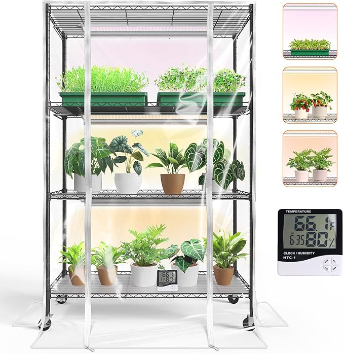 Bstrip Indoor Greenhouse with Grow Light, Plant Stand with 3 Pack Full Spectrum Plant Lights , 3 Color Modes, Plant Shelf with Tent for Indoor Plant, Seed Starting, Seed Tray, 35.4"x13.8"x59"