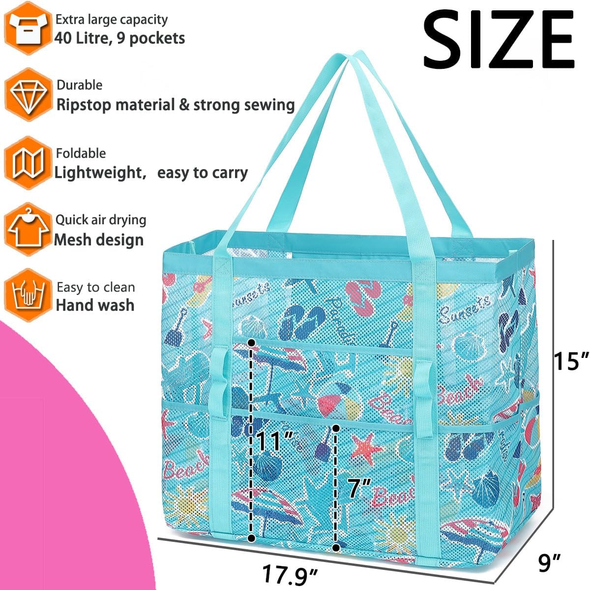 Mesh Beach Bag, Large Beach Tote with Zipper Pocket for Family Pool Bag for Toys & Vacation Essentials