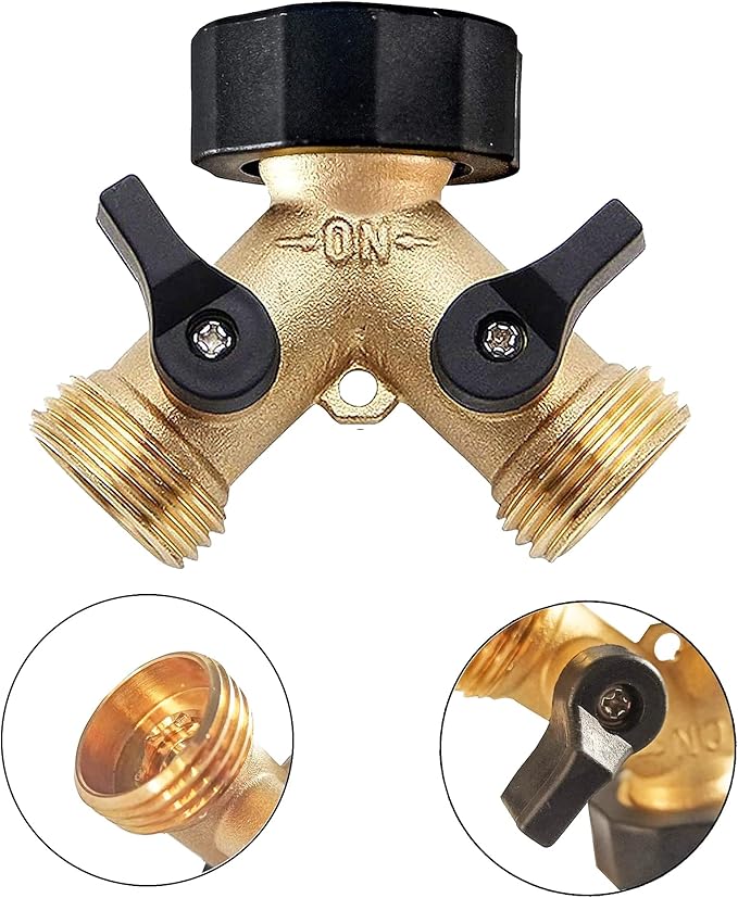 Brass Garden Hose Splitter 2 way Heavy Duty, Brass Hose Y Splitter 2 Valves, Y conneector with 2 Extra Rubber Washers