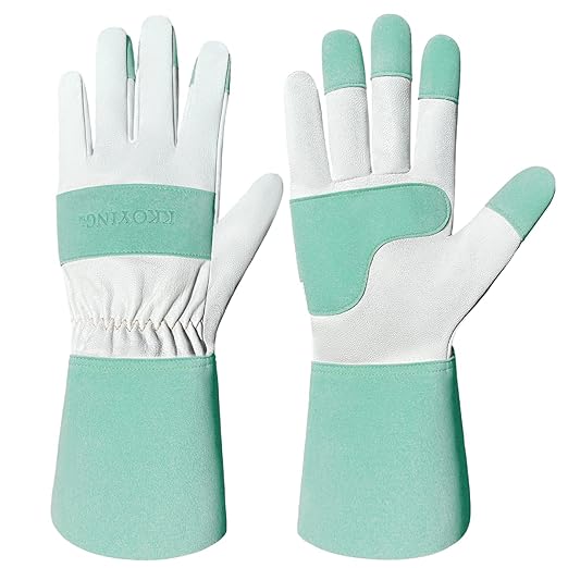 Gardening Gloves, Long Thorn Proof Garden Gloves for Women and Men, Goatskin Breathable Leather Work Gloves for Gardening, Pruning, Yard Work, Turquoise, L
