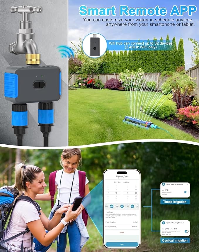 WiFi Sprinkler Timer, 2 Zone Smart Bluetooth Hose Timer, Programmable Automatic Irrigation System with Remote APP, Compatible with Alexa Google, Watering for Outdoor Garden Yard Lawn