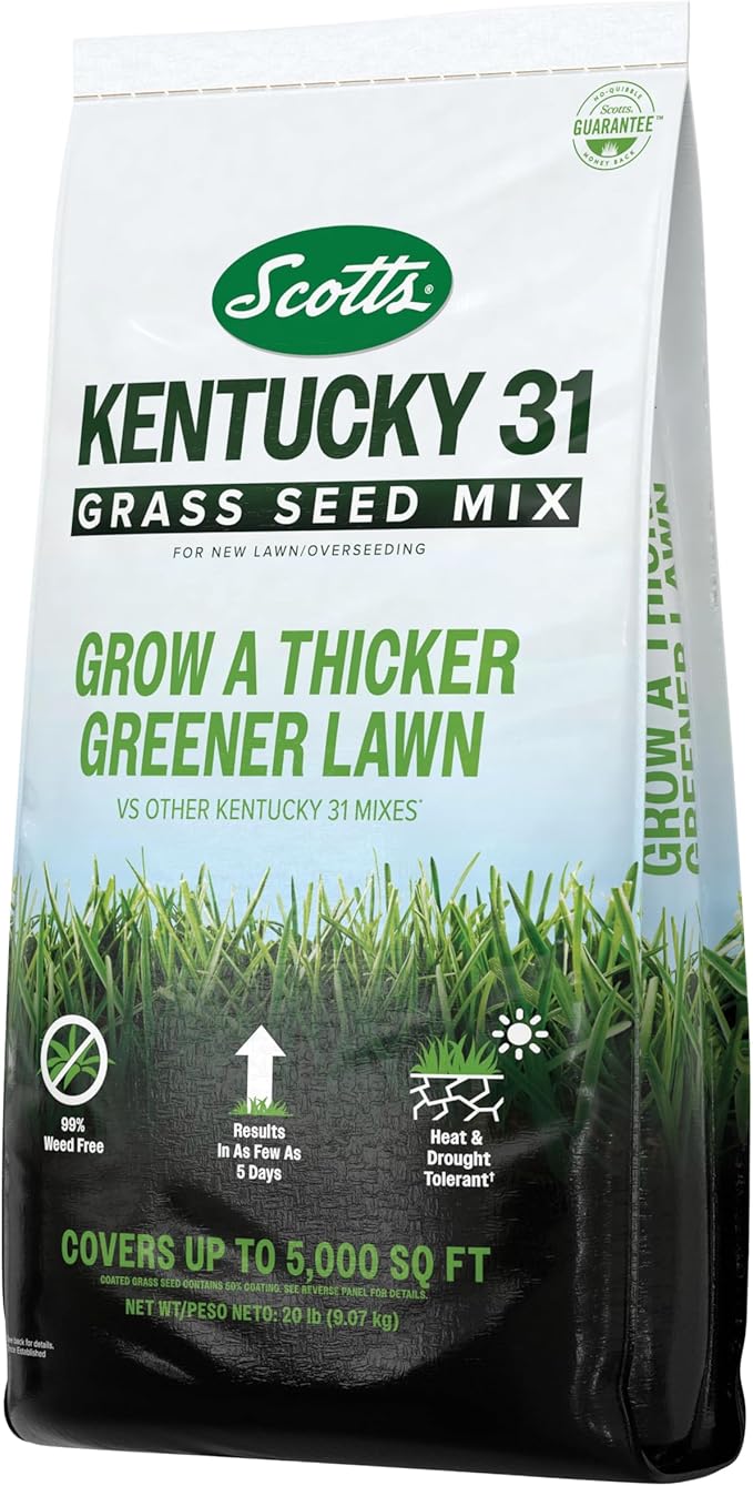 Scotts Kentucky 31 Grass Seed Mix for New Lawns or Overseeding, Grows Thicker and Greener vs. Other Kentucky 31 Mixes, Covers up to 5,000 sq. ft.