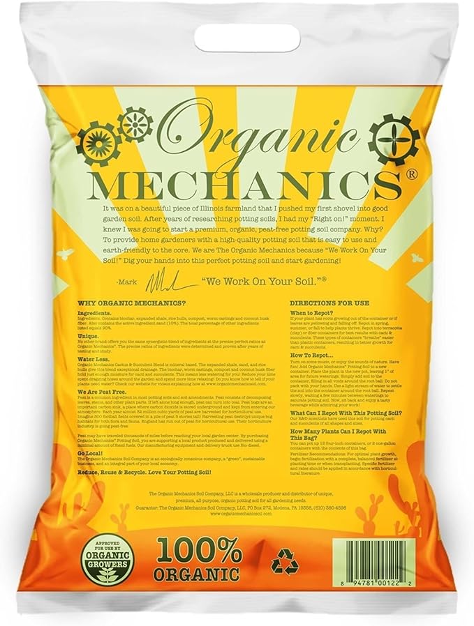 Organic Mechanics Cactus and Succulent Blend Potting Soil, 8 qt – Well-Drained Organic Mix that Enhances Plant and Root Growth with Biochar, Rice Hulls, and Worm Castings - Peat-Free & Eco-Friendly