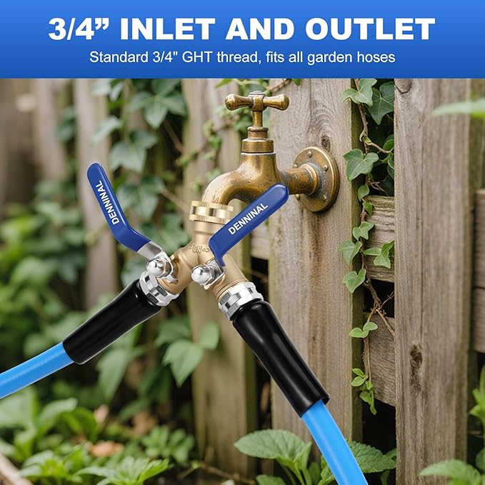 Brass Garden Hose Splitter 2 Way Heavy Duty with 304 Stainless Steel Long Handle, Outdoor Full Flow Hose Bib Splitter Connector, Y Valve 3/4 Inch GHT Thread