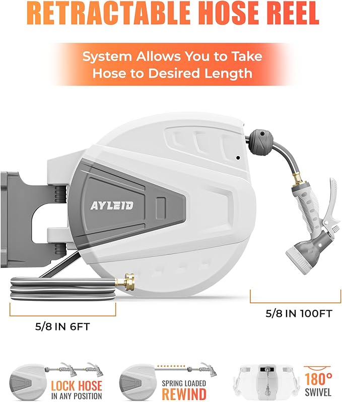 Ayleid Retractable Garden Hose Reel,5/8 in x 100 FT Wall Mounted Hose Reel, with 9- Function Sprayer Nozzle, Any Length Lock/Slow Return System/Wall Mounted/180°Swivel Bracket (Grey)