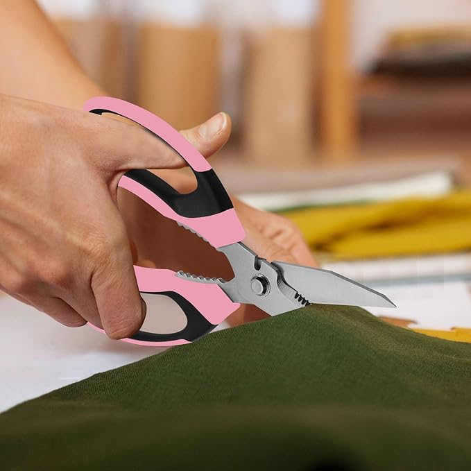 8-Inch Heavy Duty Utility Scissors All Purpose, Serrated Blade, Pink Comfort Grip for Cutting Carpet, Cardboard, Leather, Fabric, Multipurpose Sharp Shears for Kitchen, Garden, Office, Carft
