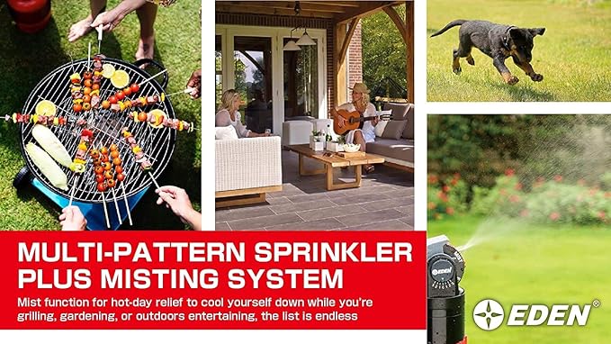 Eden 11530 Multi-Pattern Turbo Gear Drive Metal Tripod Sprinkler Plus Misting System w/Quick Connect Starter Kit, 360 Degree Coverage