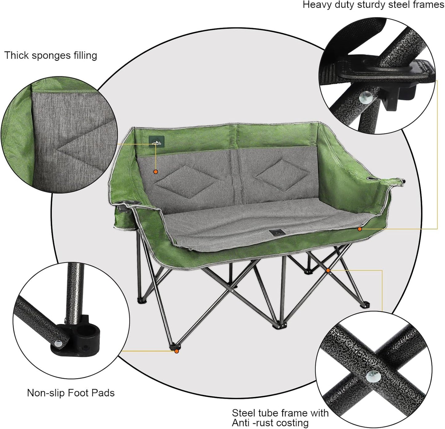 Northroad Folding Loveseat Camping Chair Portable Double Duo Full Padded Garden Chair for 2 Person Sofa w/ 2 Cup Holder,Wine Glass Holder,Mesh Storage,Support 600lbs for Picnic Beach Travel (Green)