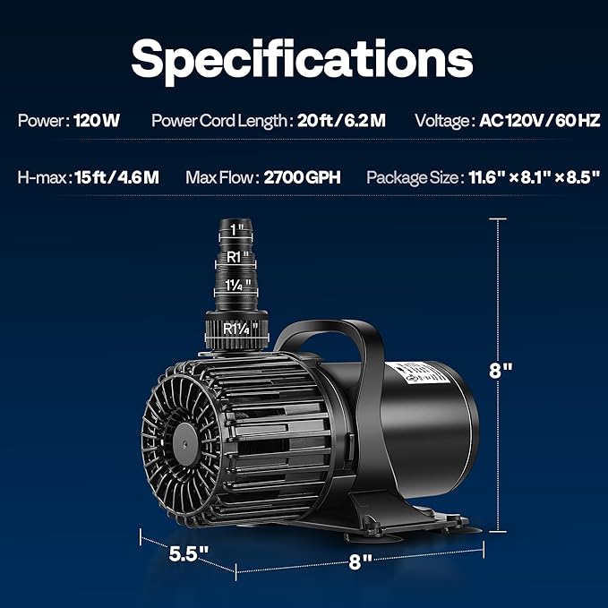 VIVOHOME Electric 120W 2700GPH Submersible Water Pump for Koi Pond Pool Waterfall Fountains Fish Tank and Aquarium