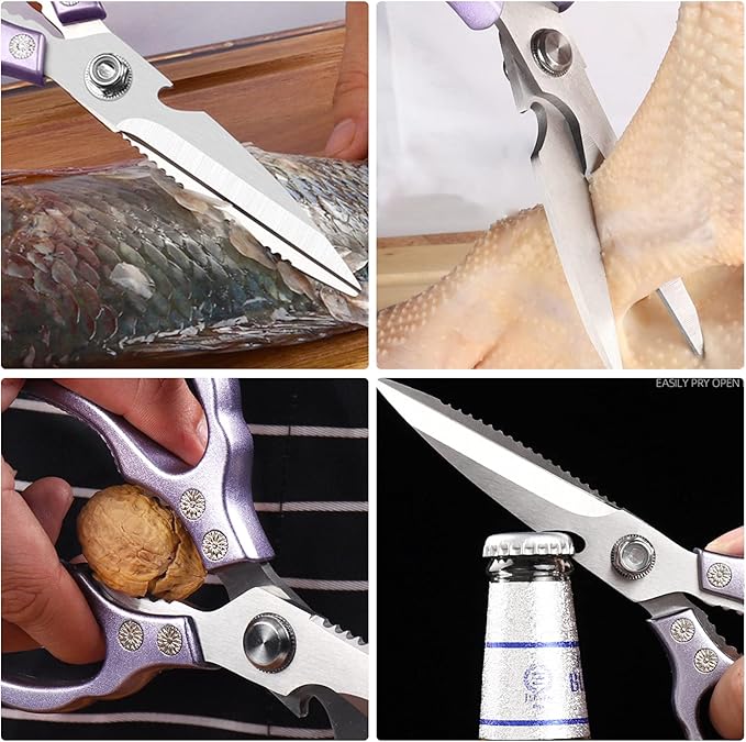 Heavy Duty Sharp Kitchen Scissors, Dishwasher Safe, Cooking Shears for Meat, Chicken, Fish, Poultry, Herb, Bread (Purple)
