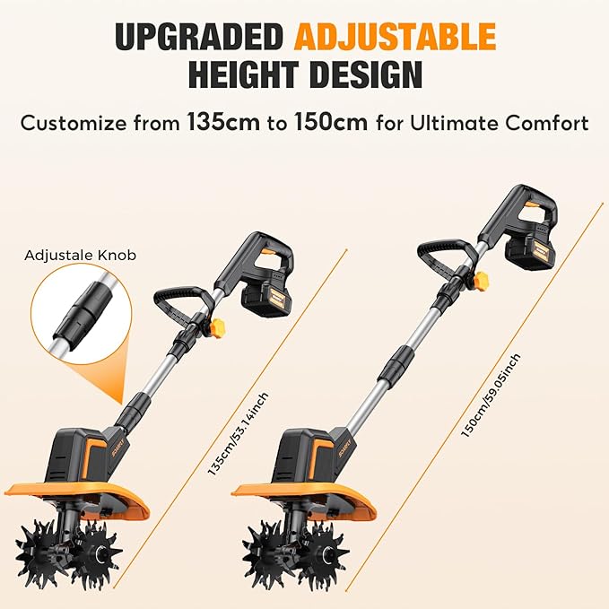 Upgraded Cordless Tiller for Gardening with 8.0Ah (2ร4.0Ah Batteries), 48 Steel Tines Battery Rototiller, 9" Width 6.6" Depth Garden Tiller Cultivator for Soil, Tending & Composting (Orange)
