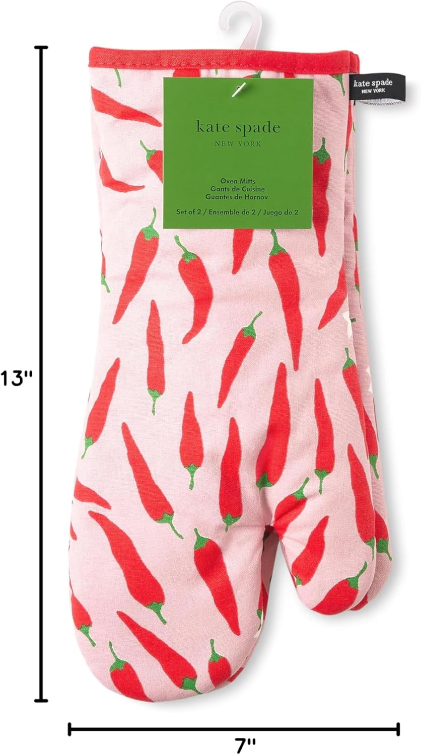 kate spade new york Hot Hot Hot Peppers Oven Mitt 2-Pack Set, Heat Resistant, 100% Cotton, Red/Pink, 7"x13"
