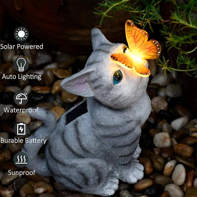 Solar Cat Garden Figurines Outdoor Decor Statue with LED Lights for Patio Balcony Yard Lawn Housewarming Gift for Garden Mom Grandma (Grey)