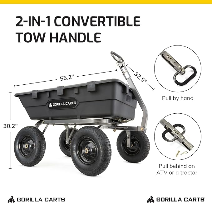 Gorilla Carts Heavy-Duty Poly Yard Dump Cart, 10 Cu Ft Tub, 1500 lb Haul Capacity, Black – Towable Utility Wagon with Quick-Release Dumping & Pneumatic Tires for Landscaping and Gardening