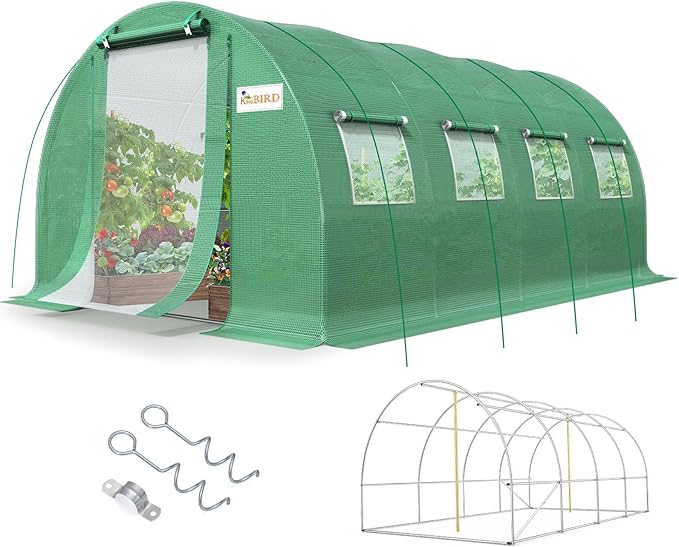 KING BIRD Premium 20x10x6.6FT Greenhouse for Outdoors, Large Walk-in Upgraded Galvanized Metal Frame, Mesh Door Screen Window Improved Zipper Tunnel Hoop for Garden Plant Winter, 2 Stiffeners, Green