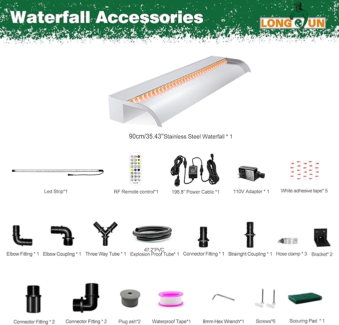 Waterfall Pool Fountain, LONGRUN Stainless Steel Waterfall Spillway for Pools and Ponds - 35.4" Wide Decorative Water Feature for Swimming Pools, Koi Ponds, and Garden