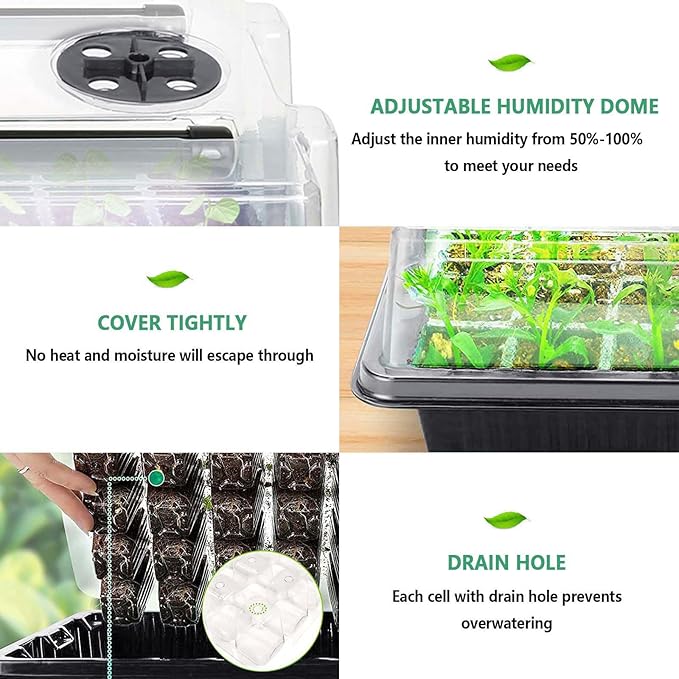 Seed Starter Tray with Grow Light, 2 Packs 80 Cells Seed Starting Kit, Reusable Seedling Starter Trays with Humidity Dome, Plant Germination Trays for Indoor Seed Starter Kit, Black