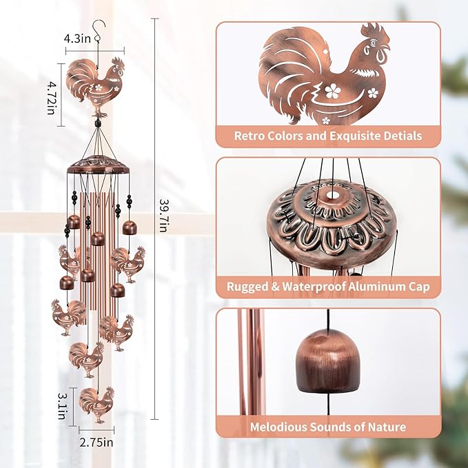 Chicken Wind Chimes for Outside, Rooster Wind Chime, Large Chicken Decor for Women Mom Grandma, Metal Rooster 40" Outdoor Windchimes for Lawn, Porch, Patio, Yard, Christmas