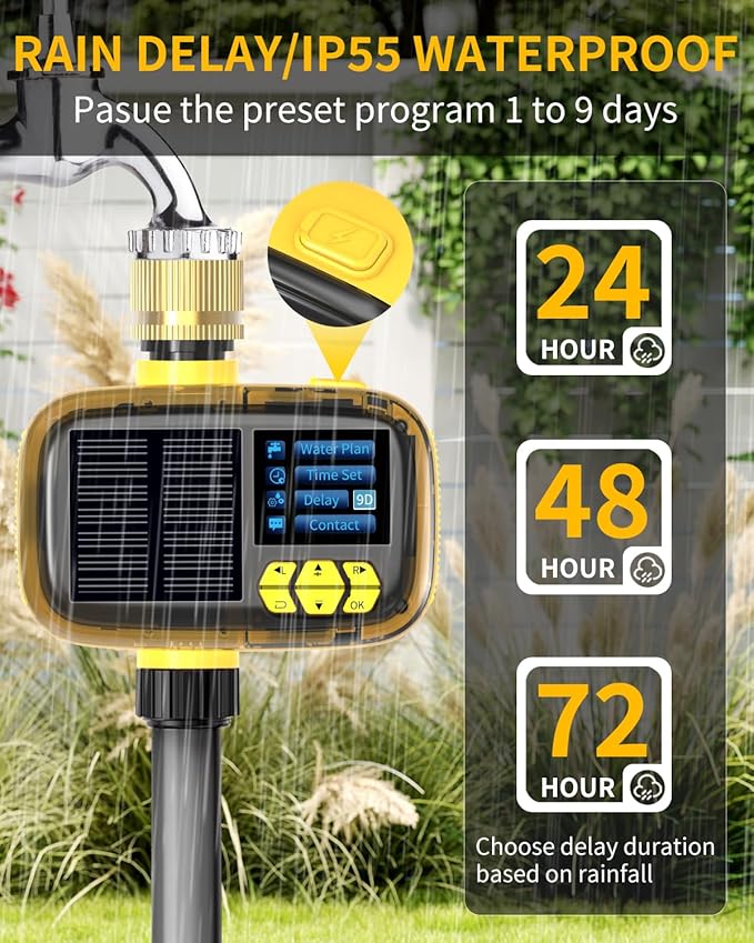 Solar Sprinkler Timer, Hose Timers for Watering - Programmable Water Timer for Garden/Yard, Brass Connector, Manual/Rain Delay Modes Outdoor Irrigation