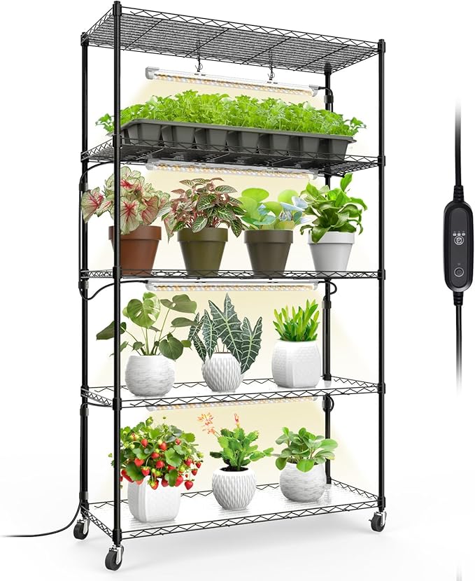Bstrip Plant Shelf with Grow Light with Timer, Metal Plant Stand with Adjustable Rack and Wheels, 4 Pack 24W Full Spectrum Grow Light Strip for Indoor Plants, Seed Starting, 35.4"x13.8"x59"